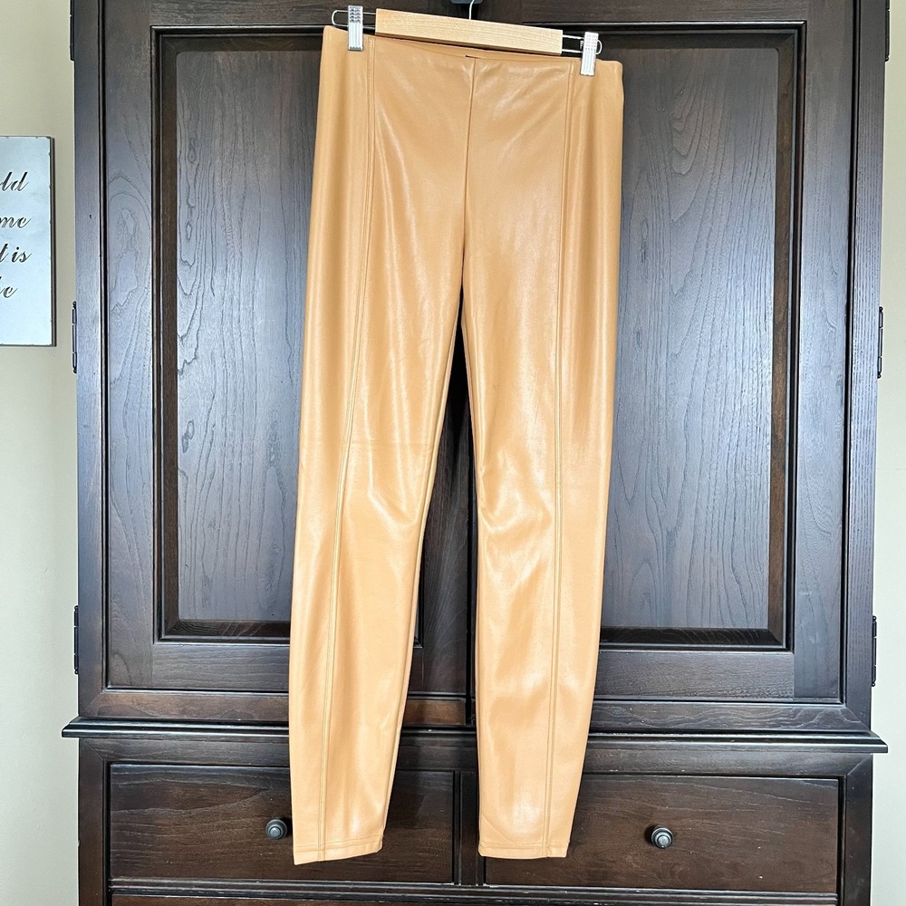 NICOLE MILLER Faux Vegan Leather Pull On Skinny Pants Camel Womens S Neutral